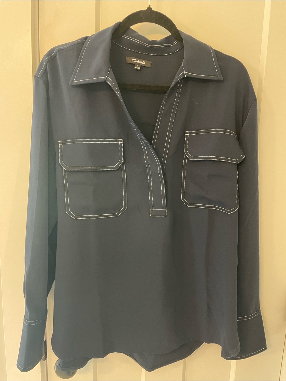 Madewell Navy Blouse with White Contrast Stitching